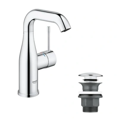 Image of GROHE Essence Single Lever Basin Mixer, M Size, with Push Open Pop Up Waste Set, Metal Lever, Water Saving, Swivel Spout, Chrome. Easy To Install. 23798001