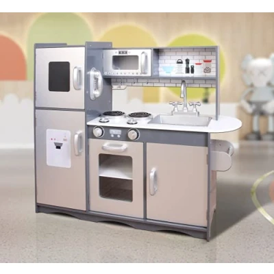 Image of Large Kids Wooden Play Kitchen With Utensils Toys Children&#039;s Role Pretend Set Toy (Grey)