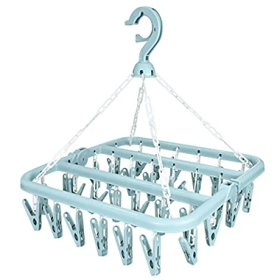 Image of Sock Dryer, Drying Rack with 32 Pegs Laundry Drip Hanger, Foldable Indoor Hanging Dryer Windproof Hook Clips for Socks Underwear Shoe Insoles Baby Clothes Gloves Hats(Blue)
