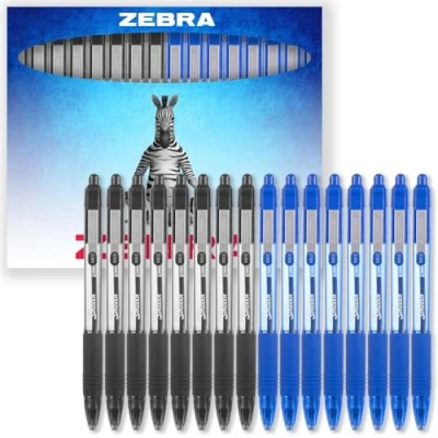 Image of Zebra Z Grip Smooth Ink Retractable Ballpoint Pen 1.0mm Nib Pack of 16 Pens In Gift Box Packaging (Black, Blue)