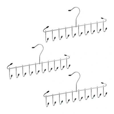 Image of Relaxdays Belt Hangers, Set of 3, Metal, Space Saving, 12 Hooks, Wardrobe &amp; Closet Storage for Scarves, Tie Rack, Silver, Plastic, Iron, 15 x 35 4 cm