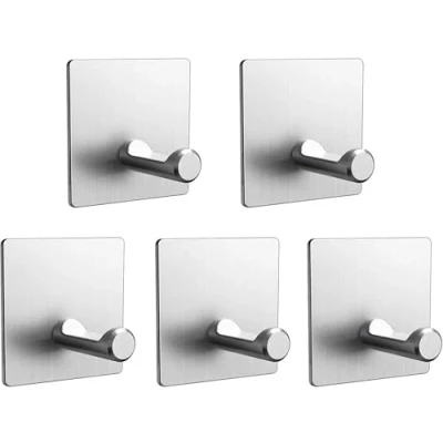 Image of DDF iohEF Pack of 5 Self Adhesive Towel Hooks, Stainless Steel Bathrobe No Drilling, Holder, Clothes Bathroom, Kitchen White