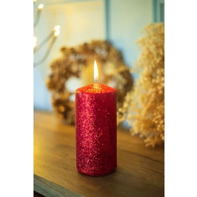 Image of Marco Paul Christmas Large Red Glitter Pillar Candle, Non Scented Candles Candle for Indoor Decorations, Wedding Decor Long Lasting Sparkle (7cm x 15cm)