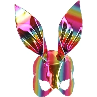Image of Smiffys Rainbow Metallic Bunny Mask on Elastic, Rainbow/Gay Pride Items Fancy Dress, Adult Dress Up Eye masks
