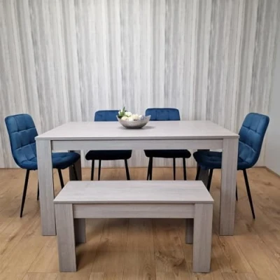 Image of KOSY KOALA Dining Table and 4 Chairs With bench Grey Blue Velvet Wood Set Furniture