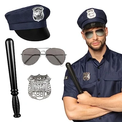 Image of Boland 01410 Polizei Set (Mütze, Partybrille, Abzeichen und Knüppel) Police (hat, Party Glasses, Badge and Billet), Black/Silver, Standard Size