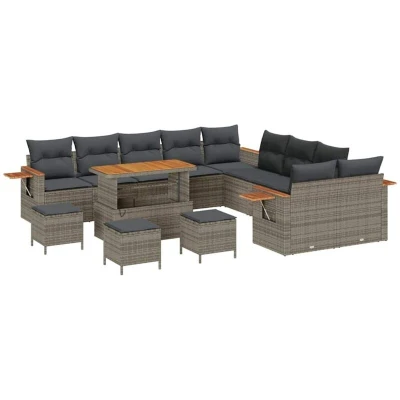 Image of vidaXL 14 Piece Garden Sofa Set with Cushions Grey Poly Rattan Acacia