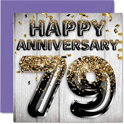 Image of Awesome 79th Anniversary Card for Husband Boyfriend Wife Girlfriend Black Gold Glitter Balloons Happy 79 Cards from Family, 145mm x Greeting Seventy Ninth Anniversaries