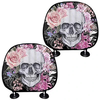 Image of SEANATIVE Sugar Skull Printed Car Bucket Seat Headrest Cover for Womens Fashion Head Rest Cushion Fit Most Vehicle Interior Protector
