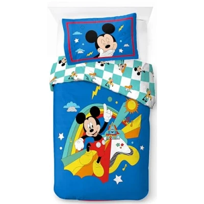 Image of Jay Franco Disney Mickey Mouse Blue 100% Cotton Single Duvet Cover Set Includes 50 x 70 cm Pillowcase