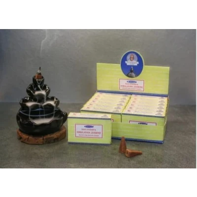 Image of Satya Nag Champa Backflow Incense Cones Himalayan Jasmine Box Contains 12 Packs with Jrose Trolley Coin