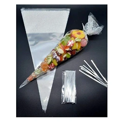 Image of 100 WHITE large cellophane cone shape sweet bags 37cm x 18cm with 4&quot; silver twist ties