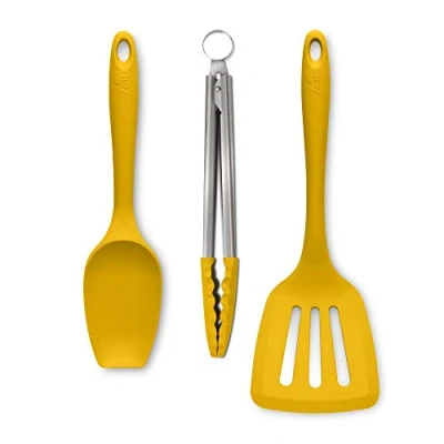 Image of Zeal JSET27M Non Stick Silicone Spatula Spoon, Cooking Tongs &amp; Turner 3 Piece Set Mustard