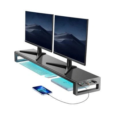 Image of VAYDEER Dual Monitor Stand Riser with 4 USB 3.0 Ports, Metal Desk Computer Shelf for 2 Monitors, Aluminum Office PC Screen Laptop, Computer, iMac, Printer up to 32 Inches Black