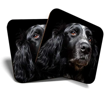 Image of 2 x Square Coasters Black Spaniel Dog Cocker Springer Cork Backed Home Kitchen Accessory Tea Coffee Mug Mat #44334