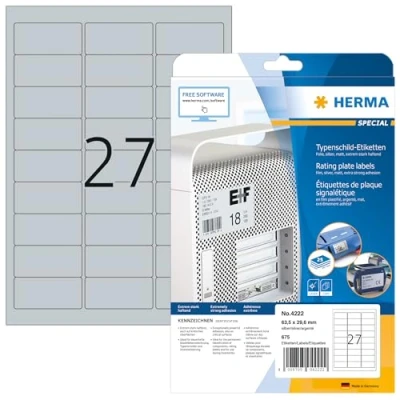 Image of HERMA Self Adhesive Name Plate Film Labels, 27 Labels per A4 Sheet, 25 Sheets, 63.5 x 29.6 mm, 675 Weatherproof Stickers, Sticky for Laser &amp; Inkjet Printer, Metallic Silver
