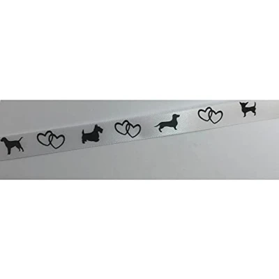 Image of Dog and Love Hearts Image 15mm White Satin Ribbon with Black Print 1 Metre Cut from roll