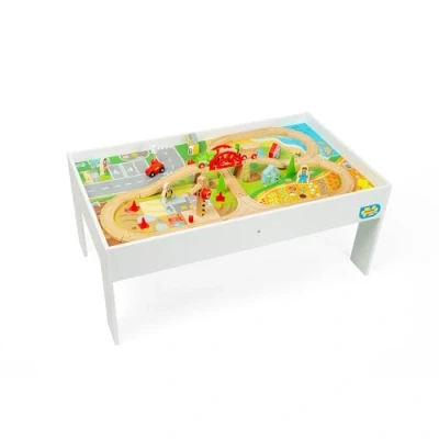 Image of Bigjigs Rail Train Set &amp; Table 50 Piece Wooden Activity with Beach, Farmer&#039;s Field, Building Site Roadside, Kids Trains Railway Sets, Toys Gifts For Toddlers, 3 Year Old +