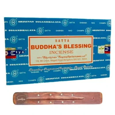 Image of Satya Nag Champa Buddhas Blessings incense sticks x12 pack with SAMASIA holder Used for Buomatherapy, Spa, Yoga, Weddings, Meditation, Healing, Positivity and Relaxation