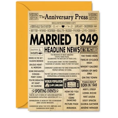 Image of 75th Anniversary Cards for Men Women Married 1949 Newspaper Happy 75 Wedding Card Husband Wife Grandma Grandad Nan Vintage Retro 1949, A5 Greeting