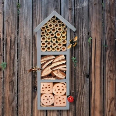 Image of Garden Mile Eco Friendly Wooden Insect Hotel with Grey Free Standing Natural Wood Eye Catching Bug House Hanging Outdoor Shelter Nesting Habitat Bee for Bees, Butterflies, Ladybirds and