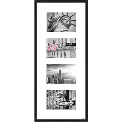 Image of nielsen Gallery Junior Photo Frame, 25x60cm with White Mount for 4 Pictures 6x4, Black Aluminium Picture Frame Protective Float Glass and Push Turn Clips Matt