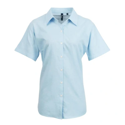 Image of Premier Womens/Ladies Signature Pearlised Oxford Short Sleeved Shirt (White) Light Blue Size 24 UK