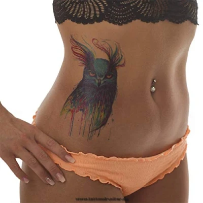 Image of 1 x Colourful Owl XL Tattoo Watercolour Plumage Body Temporary HB361 (1)