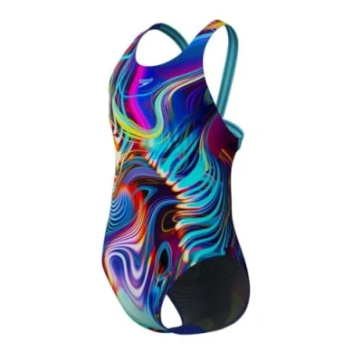 Image of Speedo Girls Digital Allover Leaderback Swimsuit Swimming Costume Arctic Glass Size 15 16 Years