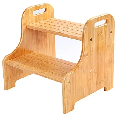 Image of VaeFae Bamboo 2 Step Stool with Non Slip Treads and Cutout Handles