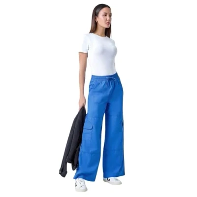 Image of Roman Cotton Wide Leg Cargo Trousers for Women UK Ladies Spring Everyday Summer Holiday Elasticated Waistband Comfy Side Pockets Soft Parachute Pants Daywear Bottoms Royal Blue Size 10