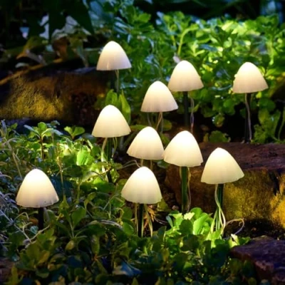 Image of Festive Lights Pack of 10 Solar Mushroom Stake (2m Lit Length) with External Panel 20cm Height, Warm White LED, Pearl Caps, Weather Resistant Outdoor Feature for Flower Beds &amp; Pathways