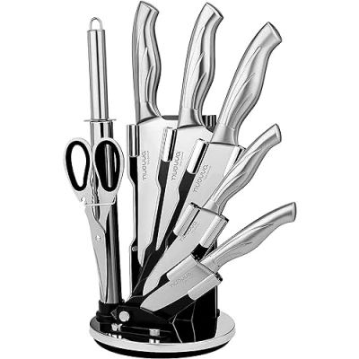 Image of nuovva Kitchen Knife Set with Rotating Stand Sharp Stainless Steel Knives 360 Degree Block