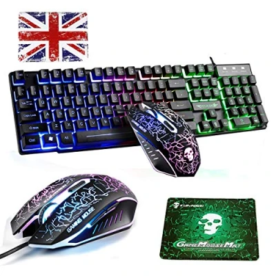 Image of Lexon tech UK Layout Wired Keyboard and Mouse Sets T6 Rainbow Backlit Usb Ergonomic Multimedia Gaming + 2400DPI 6 Buttons LED FREE Pads Standard Size