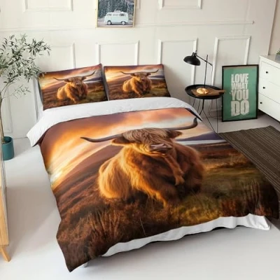 Image of REIPOL Highland Cow 3D Print Duvet Cover Set Bedding Soft Microfiber Colourful Animals Comforter For Girls Men Beds with Zipper Closure Quilt Pillowcases Double（200x200cm）