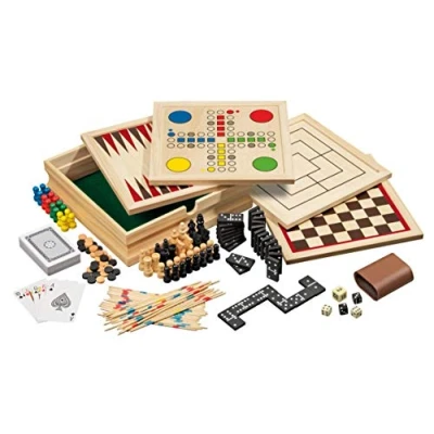 Image of Philos Wooden Game Compendium 8 in 1 Games Set 23cm Chess, Backgammon, Draughts, Nine Men&#039;s Morris, Ludo, Pick up Sticks, Dominoes, Playing Cards for kids and adults