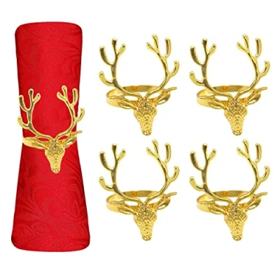 Image of Christmas Deer Napkin Rings 4 Pcs Gold Elk Head Ring Holder Serviette Buckle for Table Decor, Wedding, Party Dinner, Thanksgiving