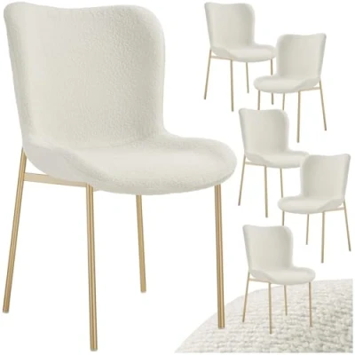 Image of TecTake® Set of 6 Bouclé Chairs in Scandi Style with Ergonomic Seat &amp; Backrest, Thick Foam Padding, Gold Steel Legs Non Slip Caps, Easy Assembly Ideal Living Room, Kitchen Dining White