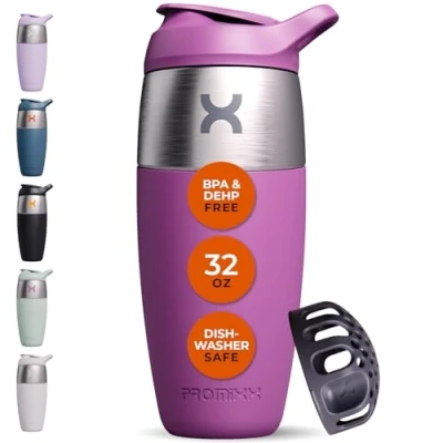Image of Promixx Pursuit Shaker Bottle Single Wall Stainless Steel Protein Bottle, Super Smooth Shakes, 950ml, Aubergine