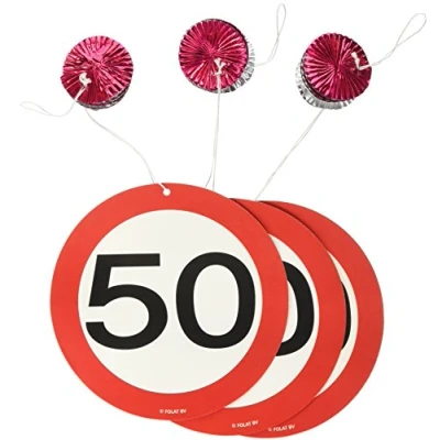 Image of Traffic Sign 50th Party hanging decor Pack of 3, 3 Designs on foil spiral decorations