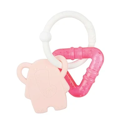 Image of Nattou Silicone Teether + Hanging Animal, 2 in 1 Cooling Water Filled Element Teether, Refrigeratable, Ergonomic Design, BPA Free, PETA Approved Vegan, 10 cm, Pink Elephant