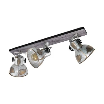 Image of Eglo ceiling lamp Barnstaple, 3 flame vintage spot in industrial design, retro wall made of steel zinc used look, wood, colour: brown patina, black, socket: E27