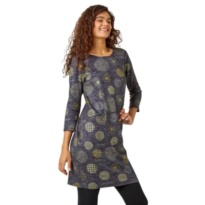 Image of Roman Originals Spot Print Zip Pocket Jersey Dress for Women UK Ladies Everyday Holiday Autumn Winter Round Neck 3/4 Sleeves Comfy Soft Evening Vacation Work Party Lime Size 20