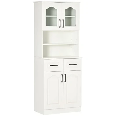 Image of HOMCOM Kitchen Cupboard, Freestanding Storage Cabinet with 2 Adjustable Shelves, Drawers and Open Counter for Living Room, Dining 168cm, White