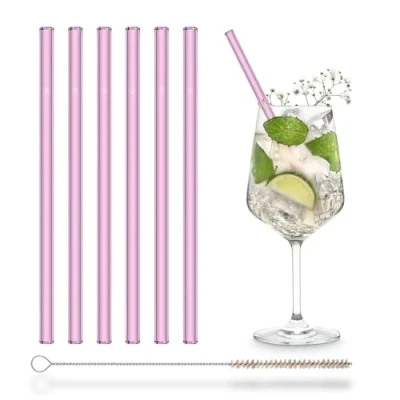 Image of Halm Rosa Glass Drinking Straws 6 Pieces 20 cm Pink+ Plastic Free Cleaning Brush Dishwasher Safe Sustainable Sippers for Cocktails, Smoothies, Juice