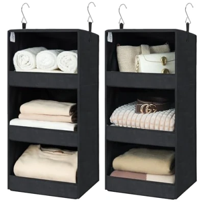 Image of GRANNY SAYS 3 Shelf Hanging Clothes Storage Travel Shelves, Foldable Wardrobe Organisers, Organisers for Wardrobe, Cupboard Organiser Clothes, Black, 2 Pack