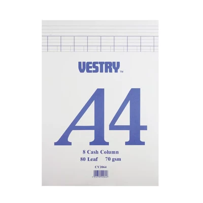 Image of Vestry Accountants Pad 8 Cash Column 80gsm Leaf A4 Ref CV2064