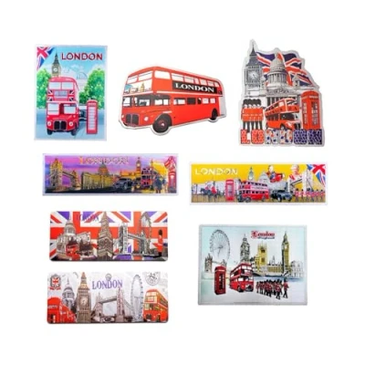 Image of Set of 8 London England UK Famous Icons Acrylic Foil Fridge Magnets