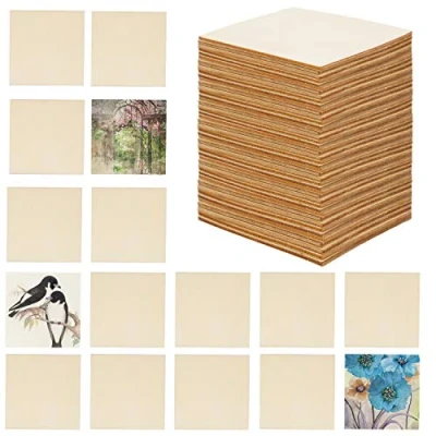 Image of BELLE VOUS 50 Pack Unfinished Blank Wood Squares 10 x 10cm / 3.93 inches 2.5mm Thick Wooden Plain Square Pieces for DIY Coasters, Crafts, Painting and Pyrography Burning