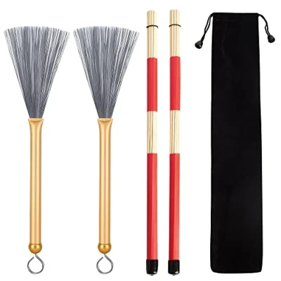 Image of Meideal 1 Pair Retractable Drum Wire Brushes with Comfortable Aluminum Handles and Rods Sricks Brush for Jazz Cajon Folk Rock Band Drummers Amateurs Beginners (Gold)